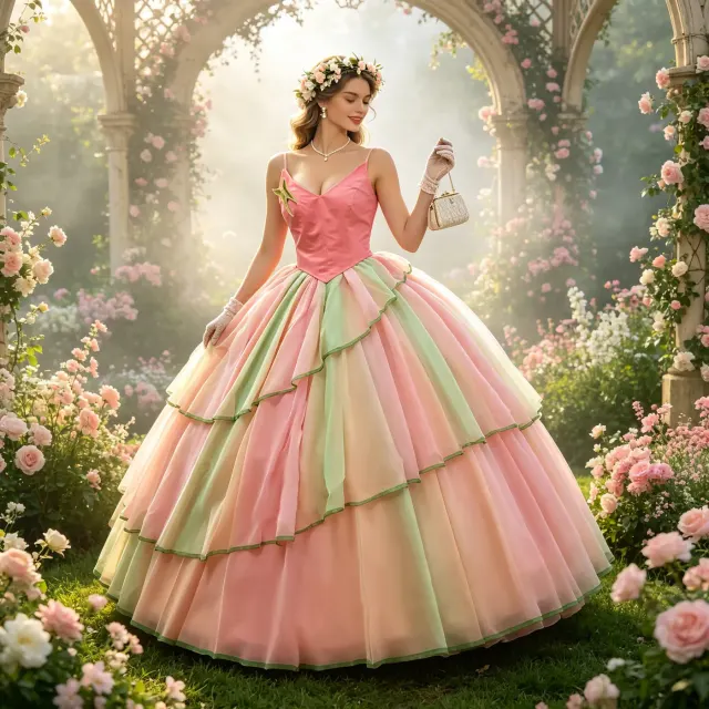 A pink gradient Glinda-inspired princess cosplay dress for Halloween role-play.