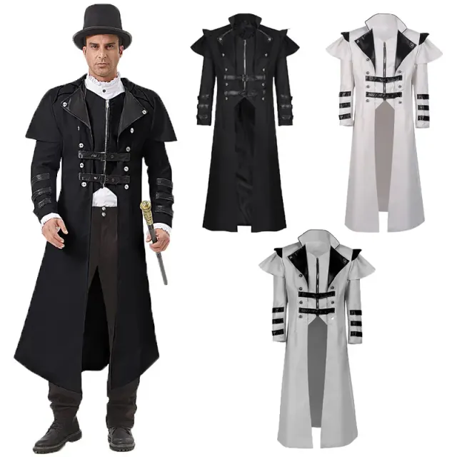 Black Gothic long trench coat with a front zipper and side slit, styled for Halloween cosplay or a medieval-inspired banquet.