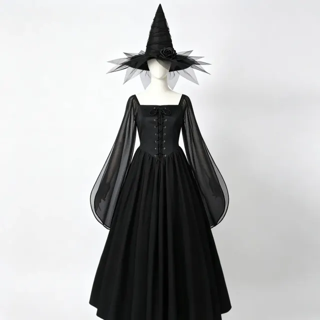 Gothic Dark Witch Flared-Sleeve Maxi Dress Halloween Cosplay detail 2