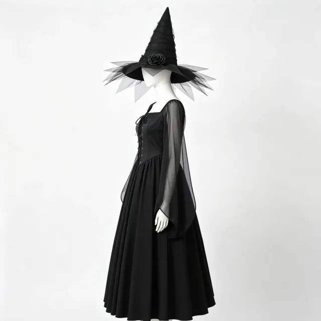 Gothic Dark Witch Flared-Sleeve Maxi Dress Halloween Cosplay detail 3