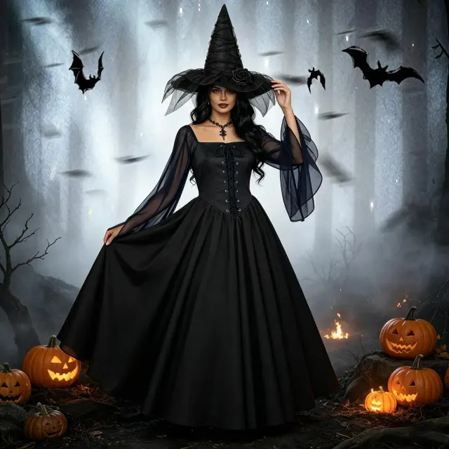 Black gothic dark witch long dress with a square neckline and flared sleeves for Halloween cosplay.