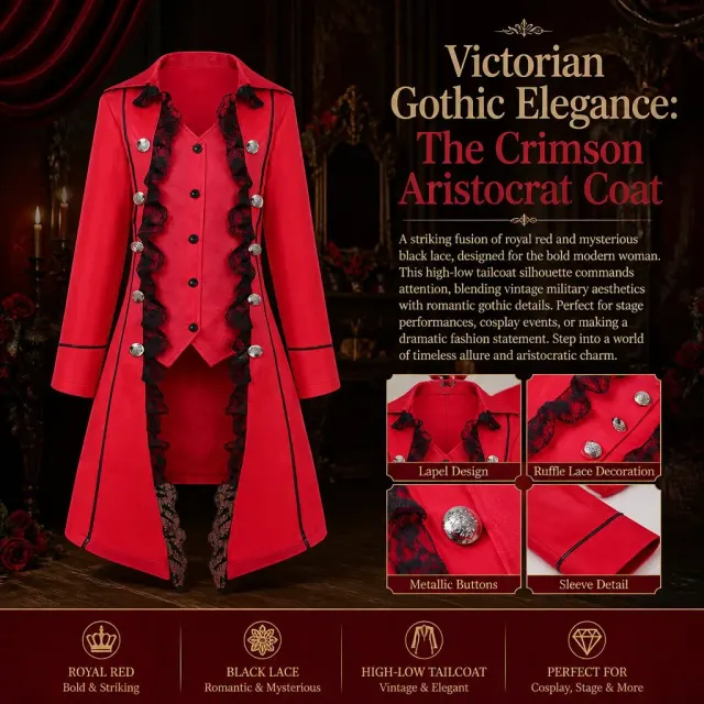 Gothic Lace-Trim Tailcoat Medieval Cosplay Costume detail 1