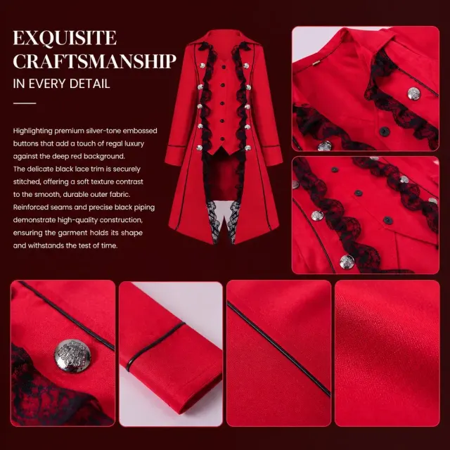Gothic Lace-Trim Tailcoat Medieval Cosplay Costume detail 4