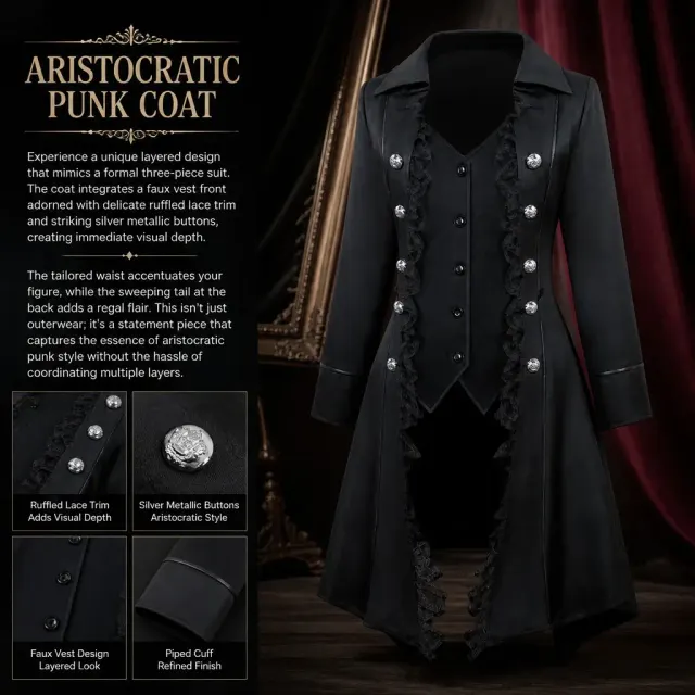 Gothic Lace-Trim Tailcoat Medieval Cosplay Costume detail 7