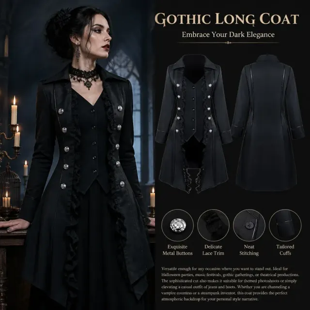 Gothic Lace-Trim Tailcoat Medieval Cosplay Costume detail 8