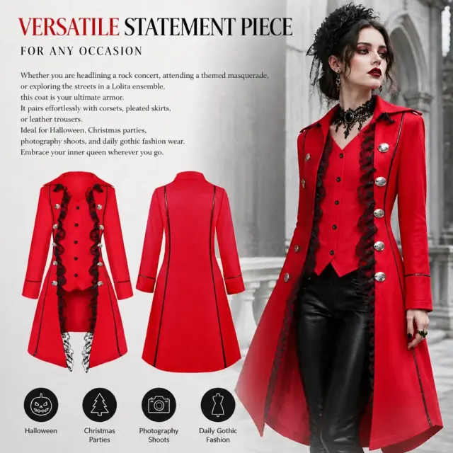 Gothic long-sleeve tailcoat costume with lace trim and an irregular hem.