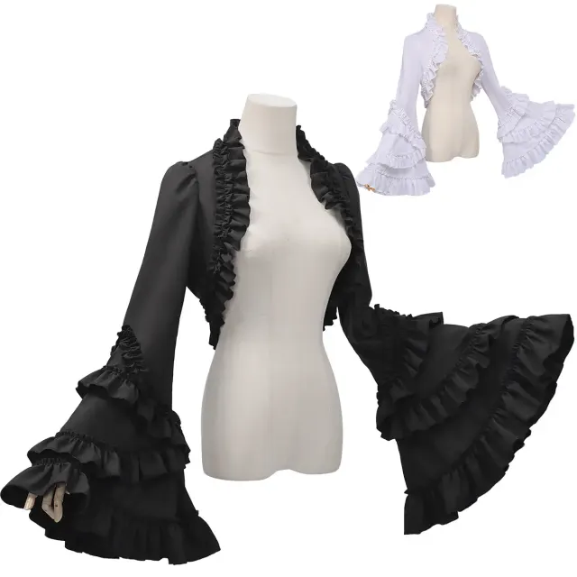 Gothic Lolita ruffled long-sleeve cape top in white with a slim-fit cardigan silhouette for Halloween cosplay.