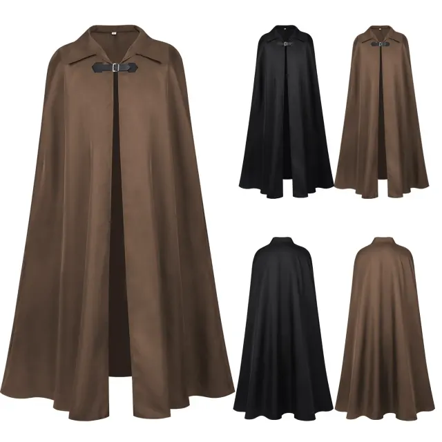 Long black lapel cape with a gothic medieval look for wizard and ranger cosplay.
