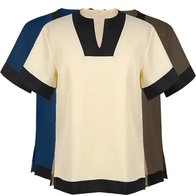 A yellow slit-front short-sleeve shirt in a Gothic Renaissance theatrical style, shown without the belt.