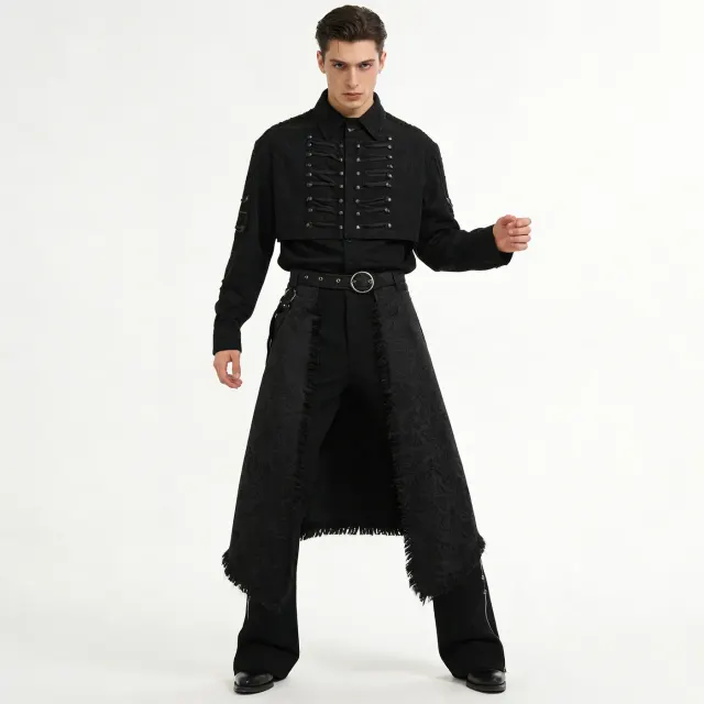 Front view of a gothic jacquard half skirt with an irregular raw-edge hem and a decorative belt.