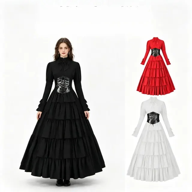 Black gothic Renaissance-style court long dress displayed for a Halloween cosplay catalog.