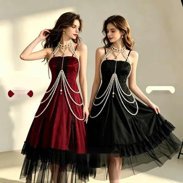 A women's Gothic Renaissance-style camisole dress set with pearl body-chain detail for cosplay and stage wear.