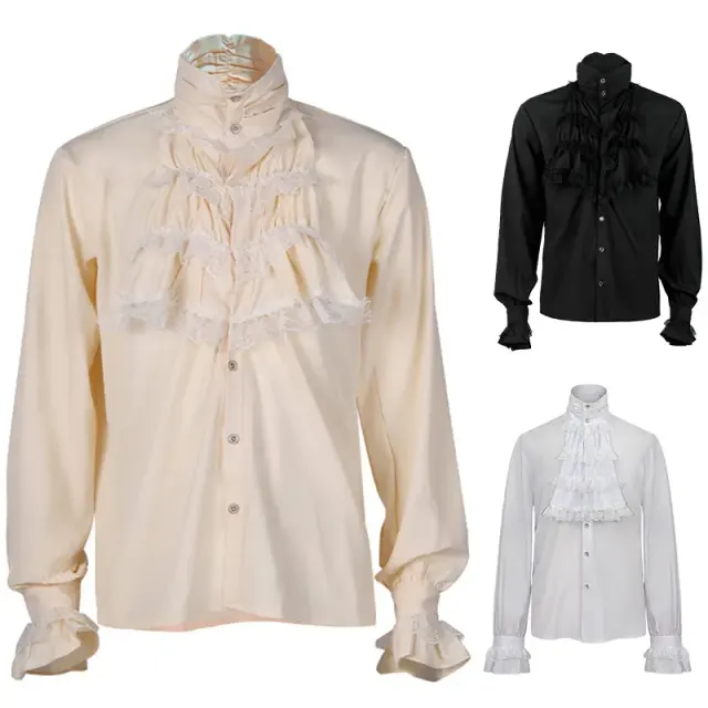 White Gothic ruffled stand-collar long-sleeve tie shirt with pleated cuffs for stage and theater costumes.