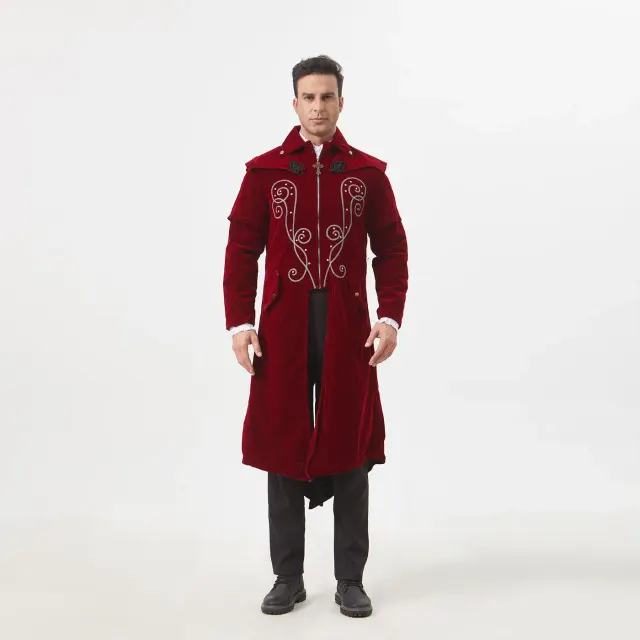 Black mid-length Gothic tailcoat in a suede-feel polyester fabric for Halloween and theater cosplay.