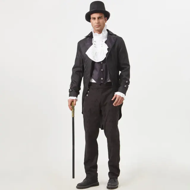Purple Gothic tailcoat cosplay suit with a vintage faux-two-piece spliced design for Halloween and theatrical costume wear.