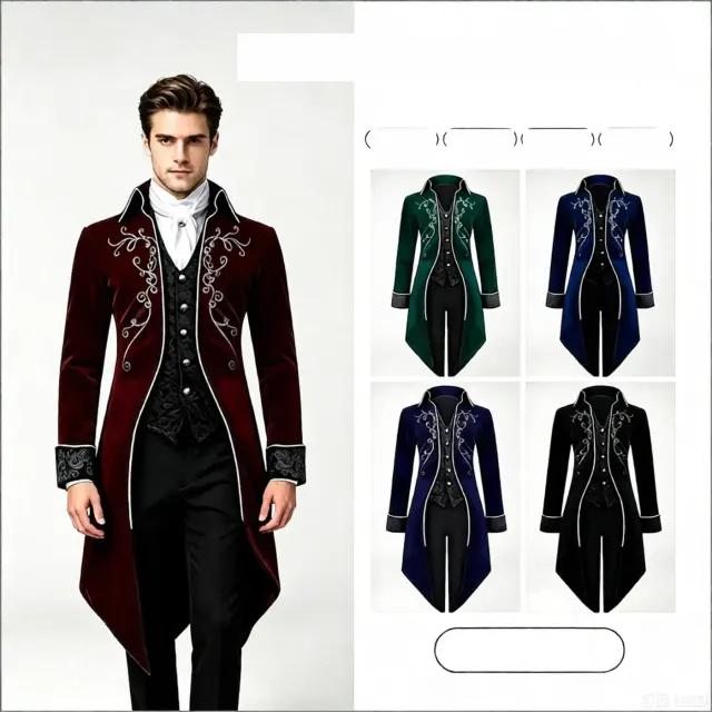 Black Gothic velvet tailcoat costume for Halloween, medieval cosplay, and stage performance.
