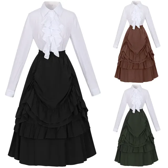 Gothic Victorian cosplay costume set with a white lace blouse and a vintage-style skirt for stage performances and themed balls.