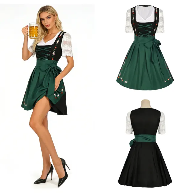 Women's green embroidered Oktoberfest maid dress costume set displayed for a Halloween party or stage cosplay look.