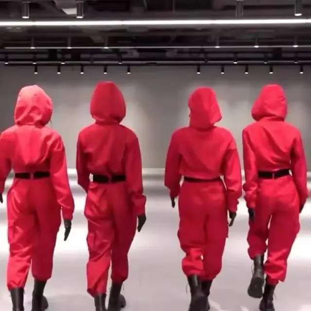 Unisex Halloween cosplay jumpsuit costume with a belt and gloves, shown in a bright red style.