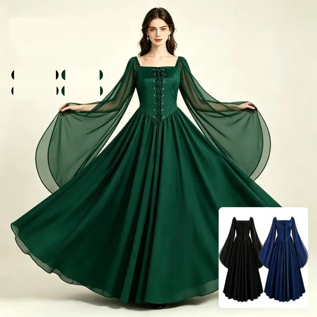 A long black Halloween fairy court dress with a square neckline, lace-up front, and flared bell sleeves.