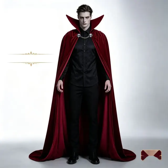 Dark velvet Gothic vampire cape with a large stand collar, shown for Halloween cosplay and party styling.