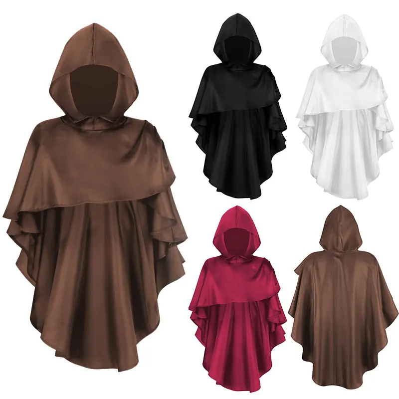A medieval-inspired grim reaper cape for Halloween cosplay, available in white, red, brown, and black.