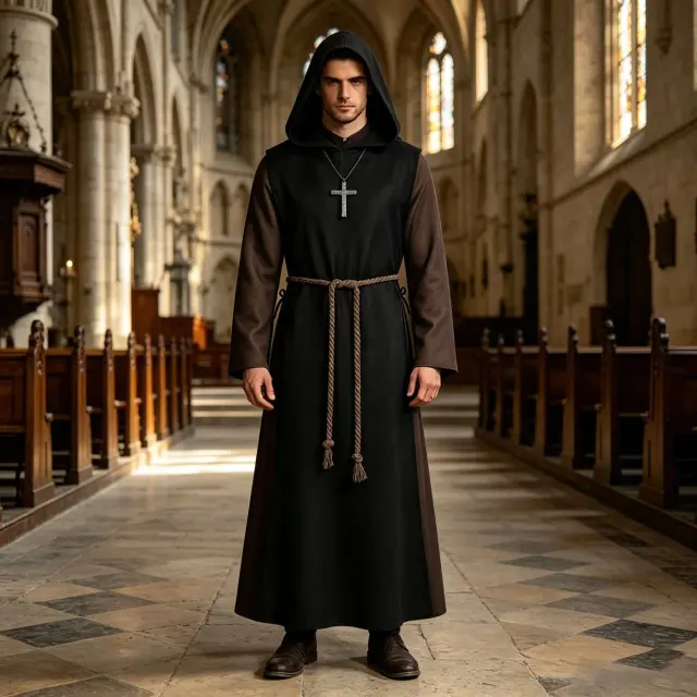 Dark hooded Grim Reaper robe costume with long sleeves for Halloween cosplay and party role-play.