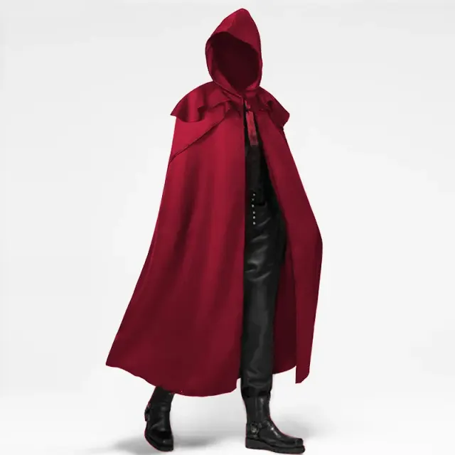 Black hooded long robe cape for Halloween, medieval cosplay, and stage costumes.