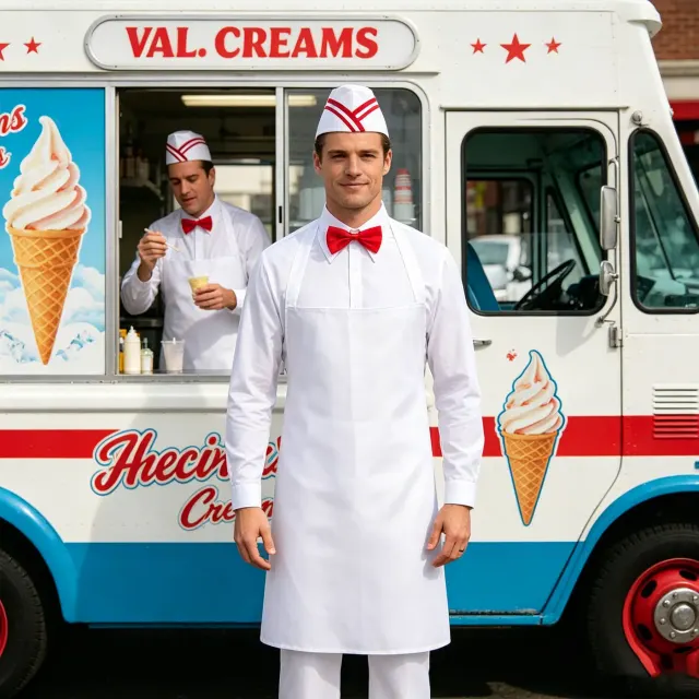 Halloween ice cream shop clerk costume set with a printed sleeveless shirt and long pants.