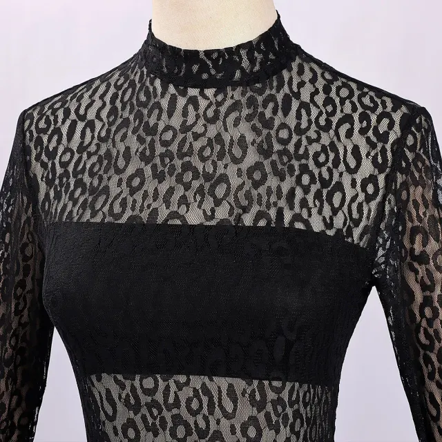 Halloween Leopard Print Sheer Lace Long Sleeve Evening Dress detail 4