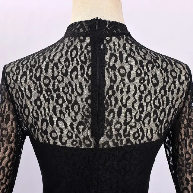 Halloween Leopard Print Sheer Lace Long Sleeve Evening Dress detail 7