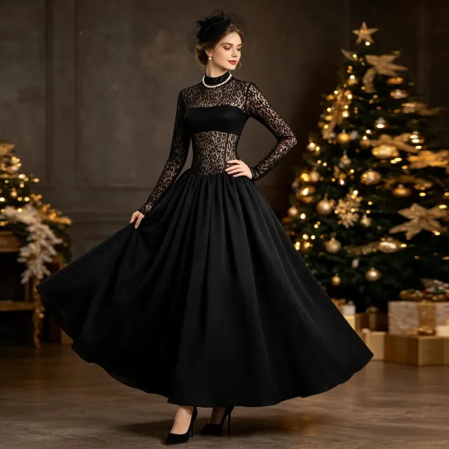 A long-sleeve leopard-print tulle evening dress with sheer lace details, a high waist, and a full skirt.