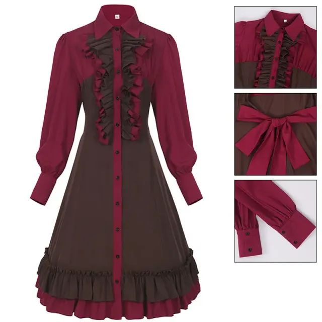 Red Halloween medieval court corset dress with a shirt collar and ruffled hem.