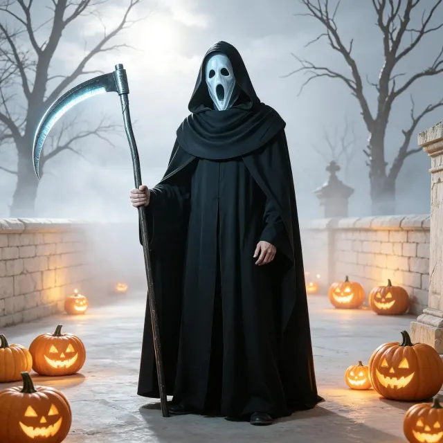A unisex hooded cloak with long sleeves and a letter pattern, styled for Halloween, Renaissance, and cosplay events.