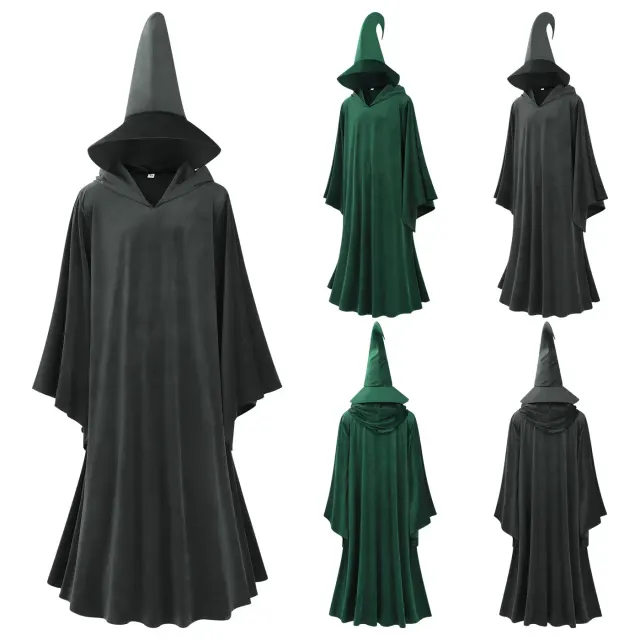 Green pointed-hat velvet-style medieval hooded robe costume for Halloween cosplay and stage performance.