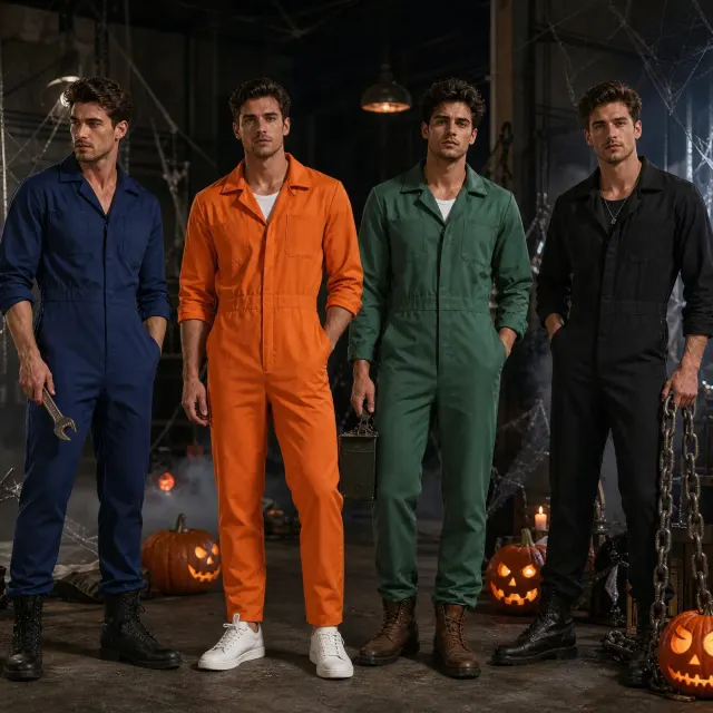 Long-sleeve Halloween Michael workwear cosplay jumpsuit in orange with a character pattern.