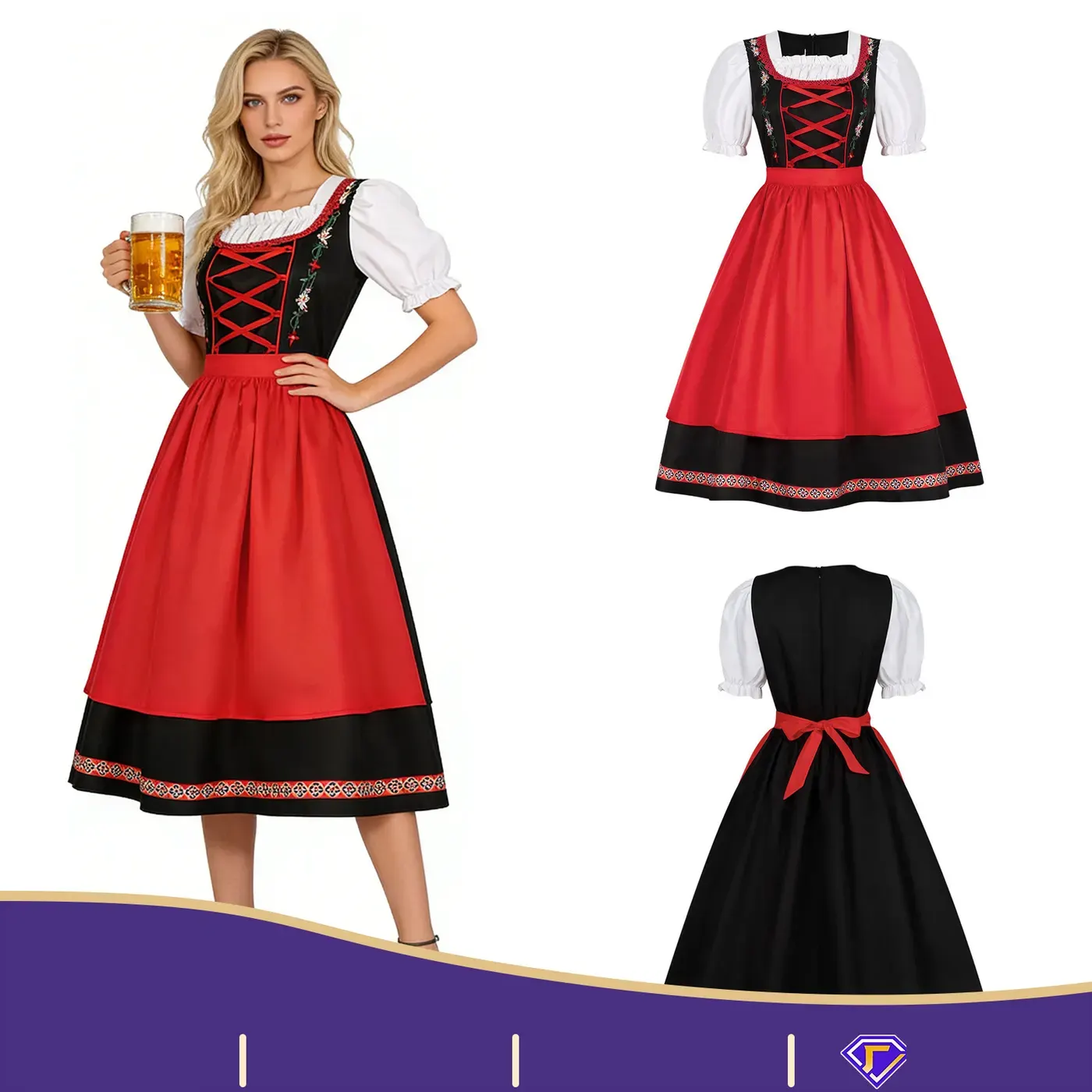 Red embroidered beer dress costume displayed for Halloween, Oktoberfest cosplay, and stage performance.