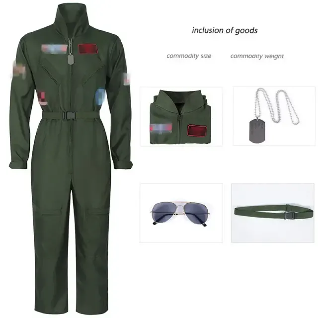 Halloween pilot jumpsuit costume with a belt, shown as a unisex cosplay outfit for parties and performances.