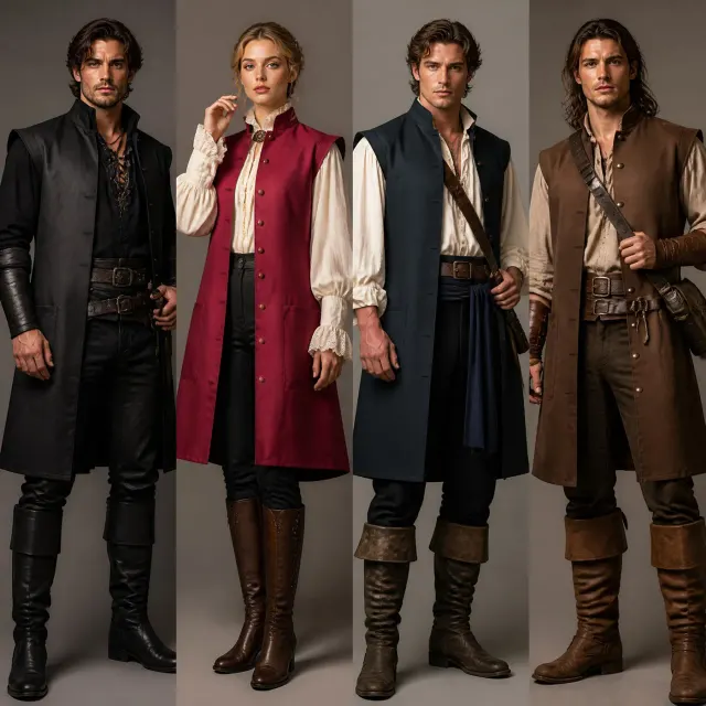 Sleeveless red pirate vest with a medieval Renaissance-inspired look for Halloween cosplay.