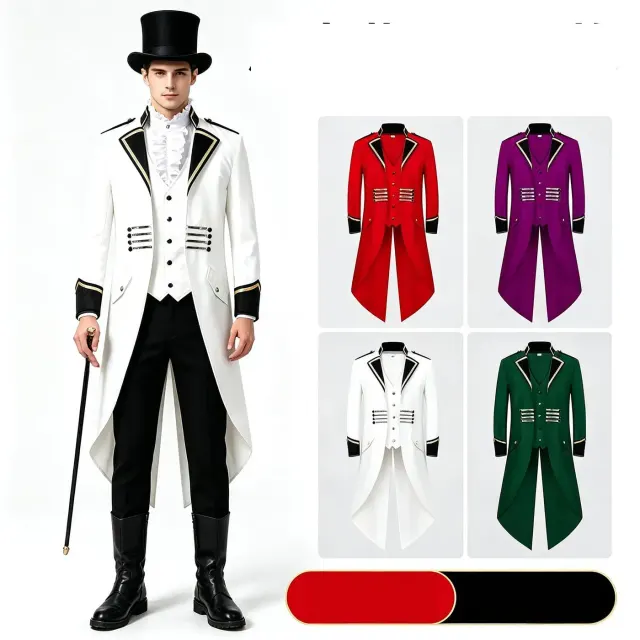 Punk tailcoat Halloween costume in white with a medieval-inspired style for cosplay and stage performances.