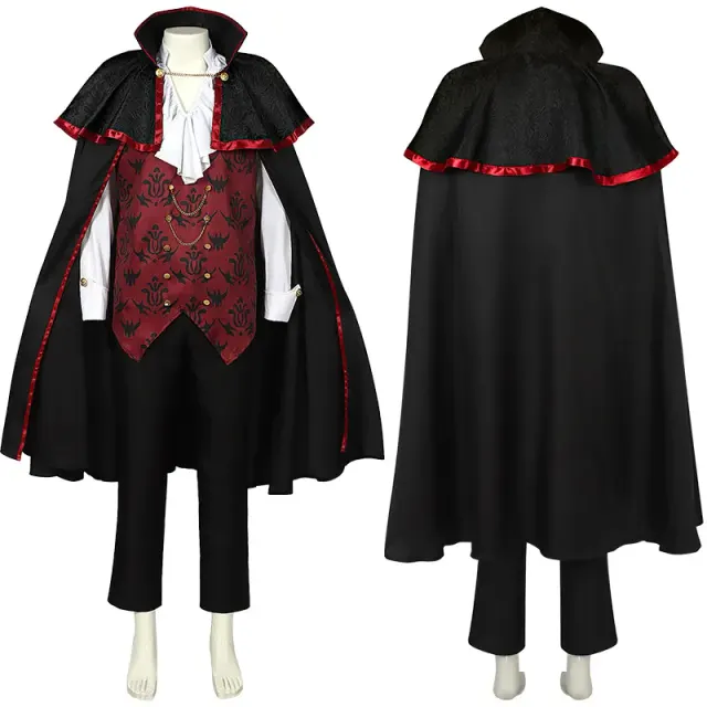 A unisex Halloween royal hooded cape in dark fabric with padded shoulders, beaded chain accents, and a medieval fantasy stage-costume design.