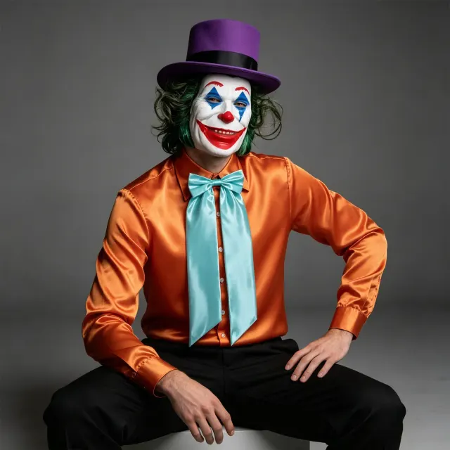 Halloween scary clown cosplay costume set featuring a long-sleeve shirt, top hat, and half-face mask.