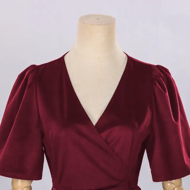 Halloween Witch Velvet Wrap Dress V-Neck Short Sleeve Cosplay Costume detail 11