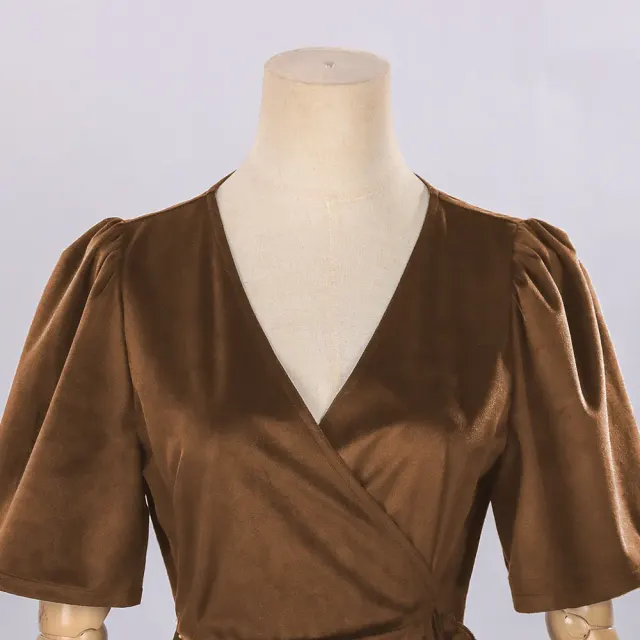 Halloween Witch Velvet Wrap Dress V-Neck Short Sleeve Cosplay Costume detail 17