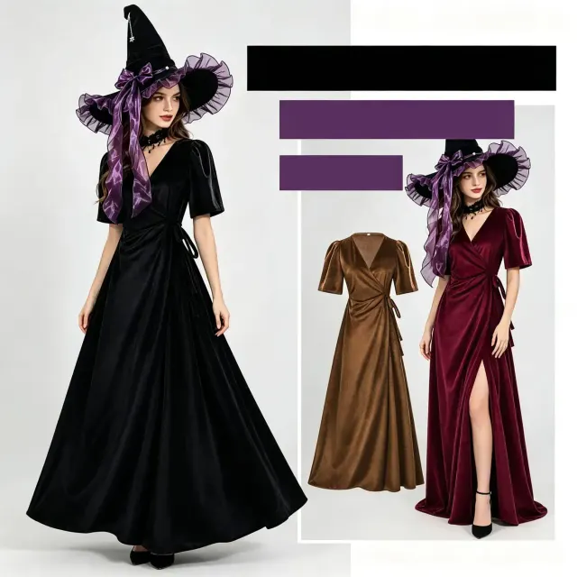 A Halloween witch velvet wrap dress with a V-neck and short sleeves, designed for party cosplay and stage performance.