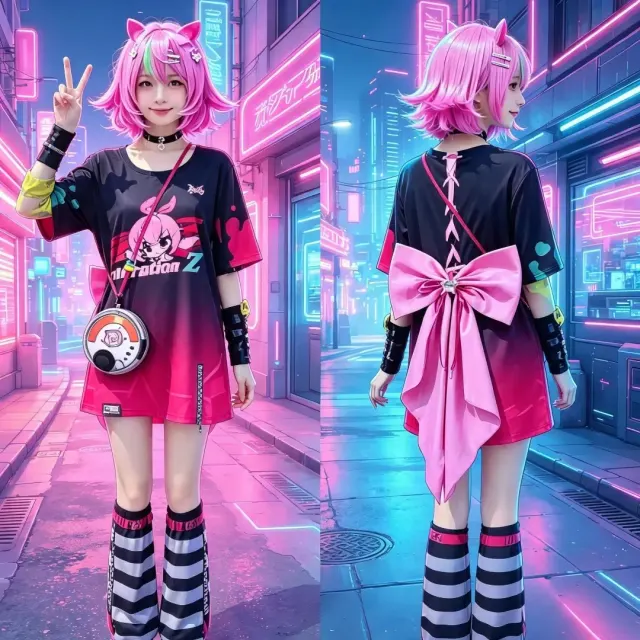 A woman in the Hania Mint cosplay costume, a short-sleeve anime-style outfit with a cartoon pattern.