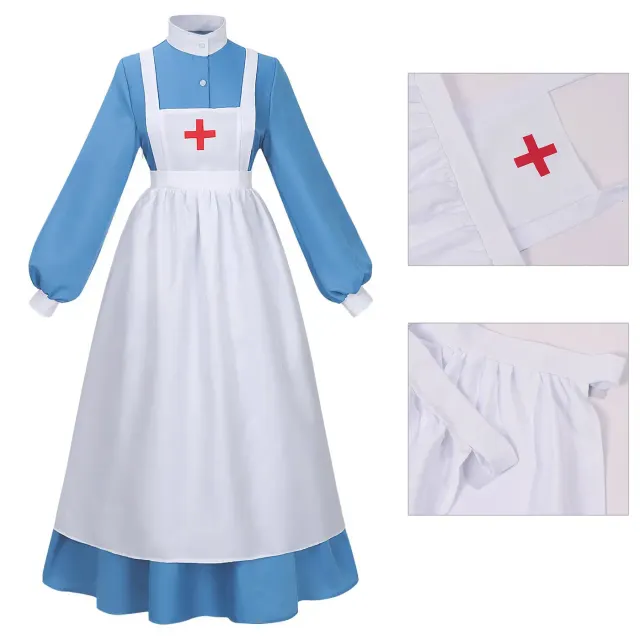 Historical Civil War nurse costume dress for Halloween cosplay and stage performance.