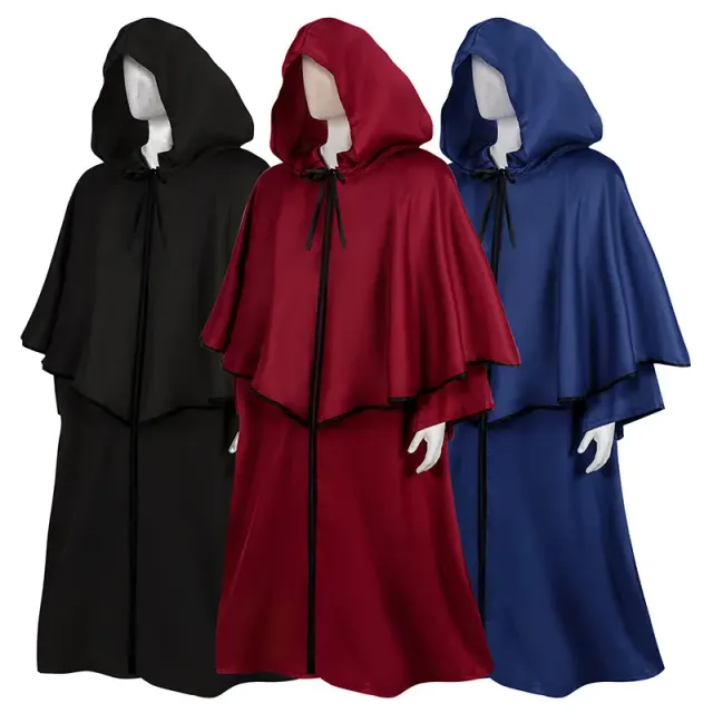 Hooded long-sleeve medieval cosplay robe cloak in black with a dark fantasy style.