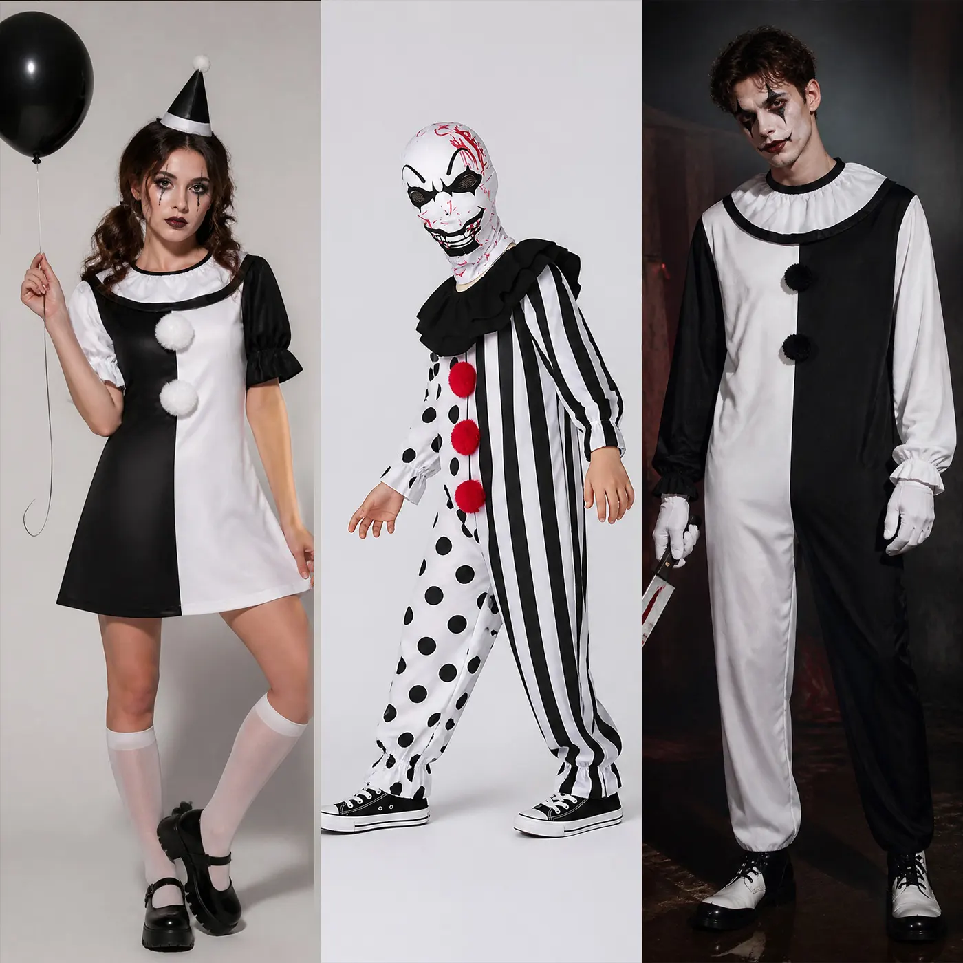 A horror clown Halloween cosplay costume with a printed long-sleeve outerwear-style top and long pants.