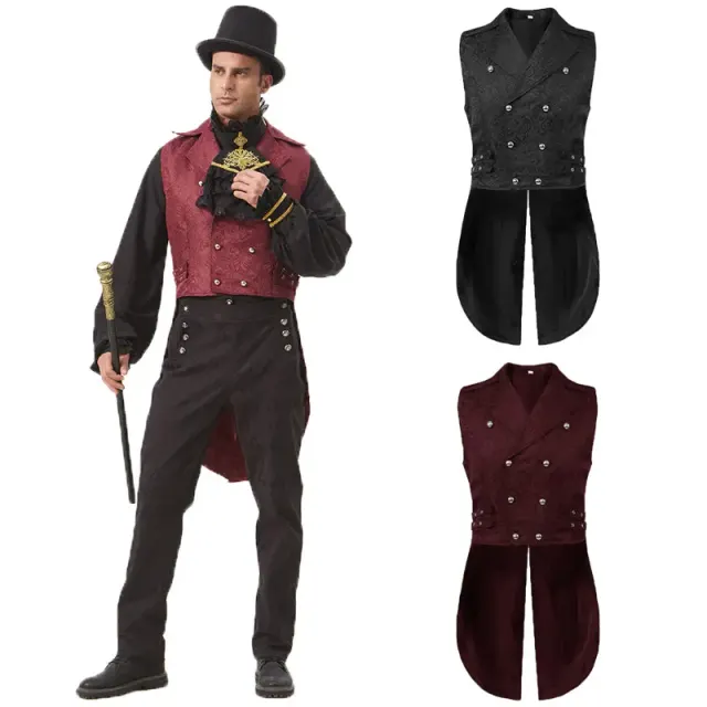 A black jacquard steampunk vest with a Victorian-inspired design for stage costumes.